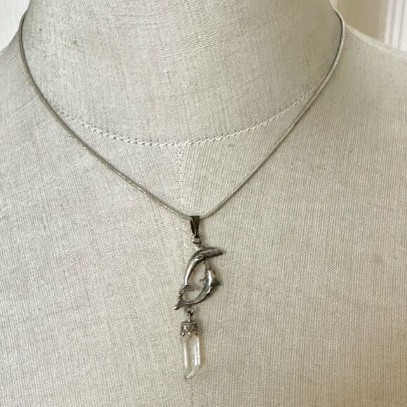 STERLING silver  double DOLPHIN  pointed quartz crystal Pendant necklace - Picture 2 of 12